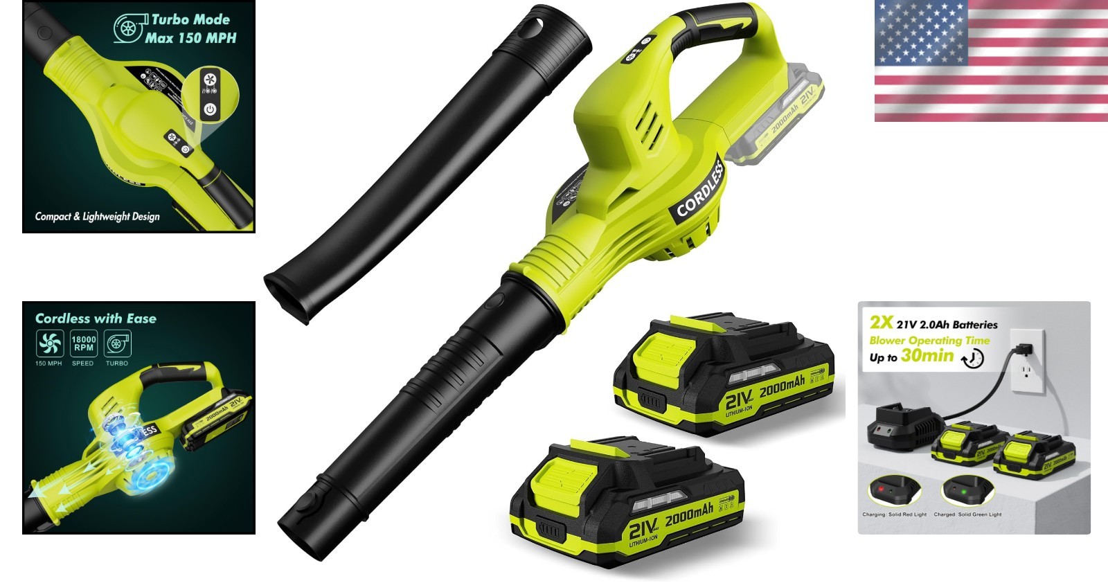 Lightweight 21V Leaf Blower with 2 Batteries, Fast Charging, Adjustable Speed