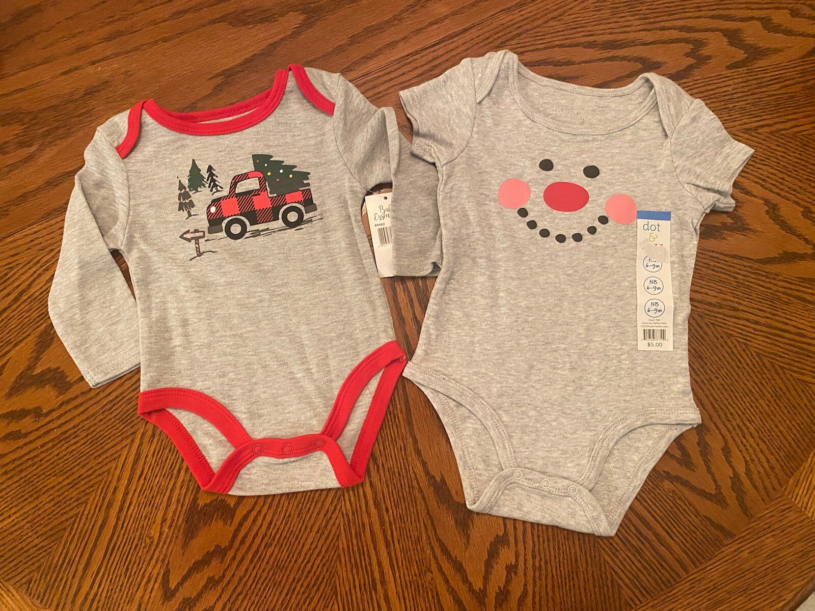 2 Christmas One piece 6-9 months Red Truck Tree, gray long & short sleeve