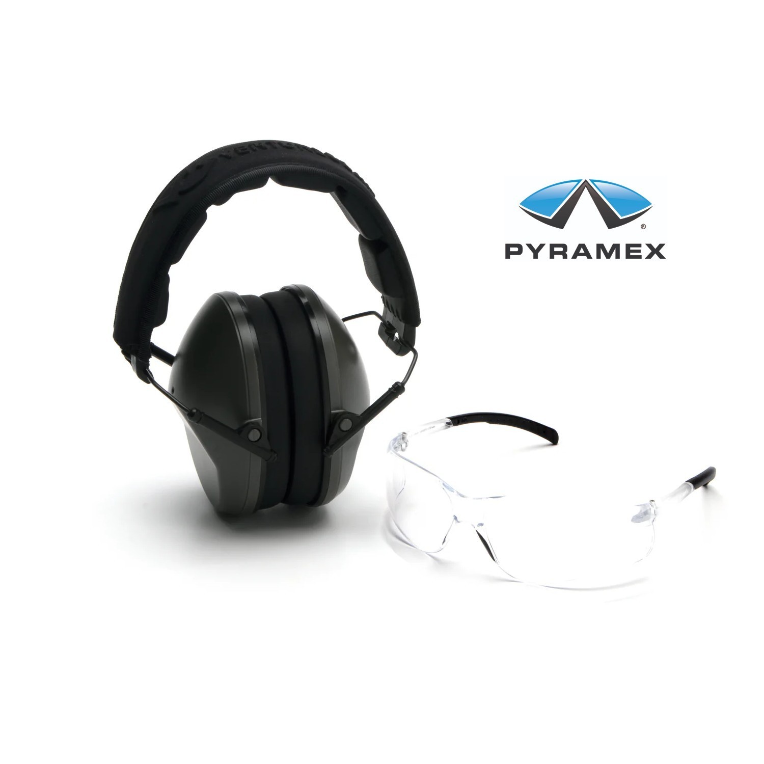 Pyramex Ear Muffs & Safety Glasses Combo ODG/Clear Lens, NRR 24dB #VGCOMBO310