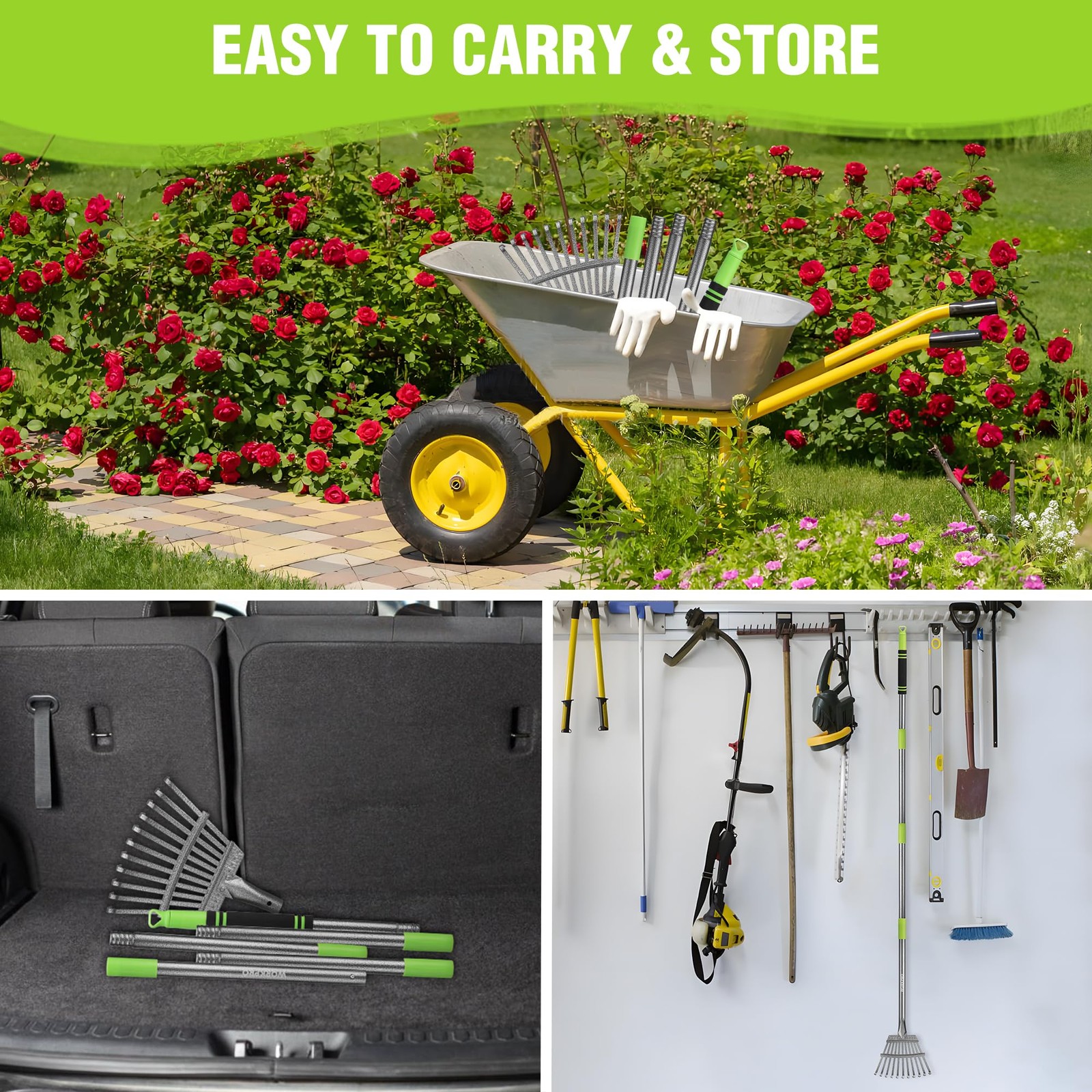 WORKPRO Rake, Small Rake for Leaves with 72” Adjustable Long Green & Black