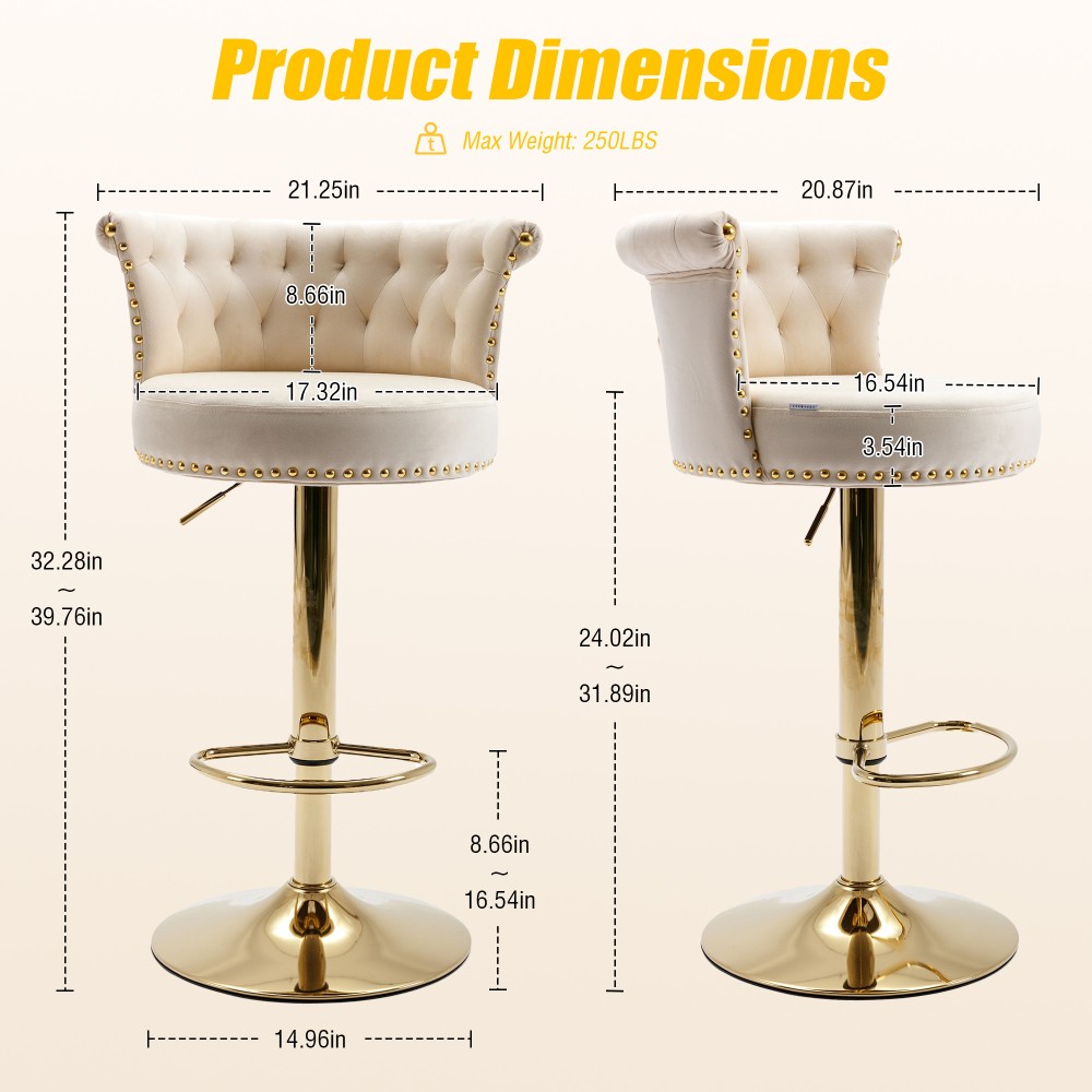 2PC SET Velvet 360 Rotating Bar Chair Adjustable Height Handmade Backrest