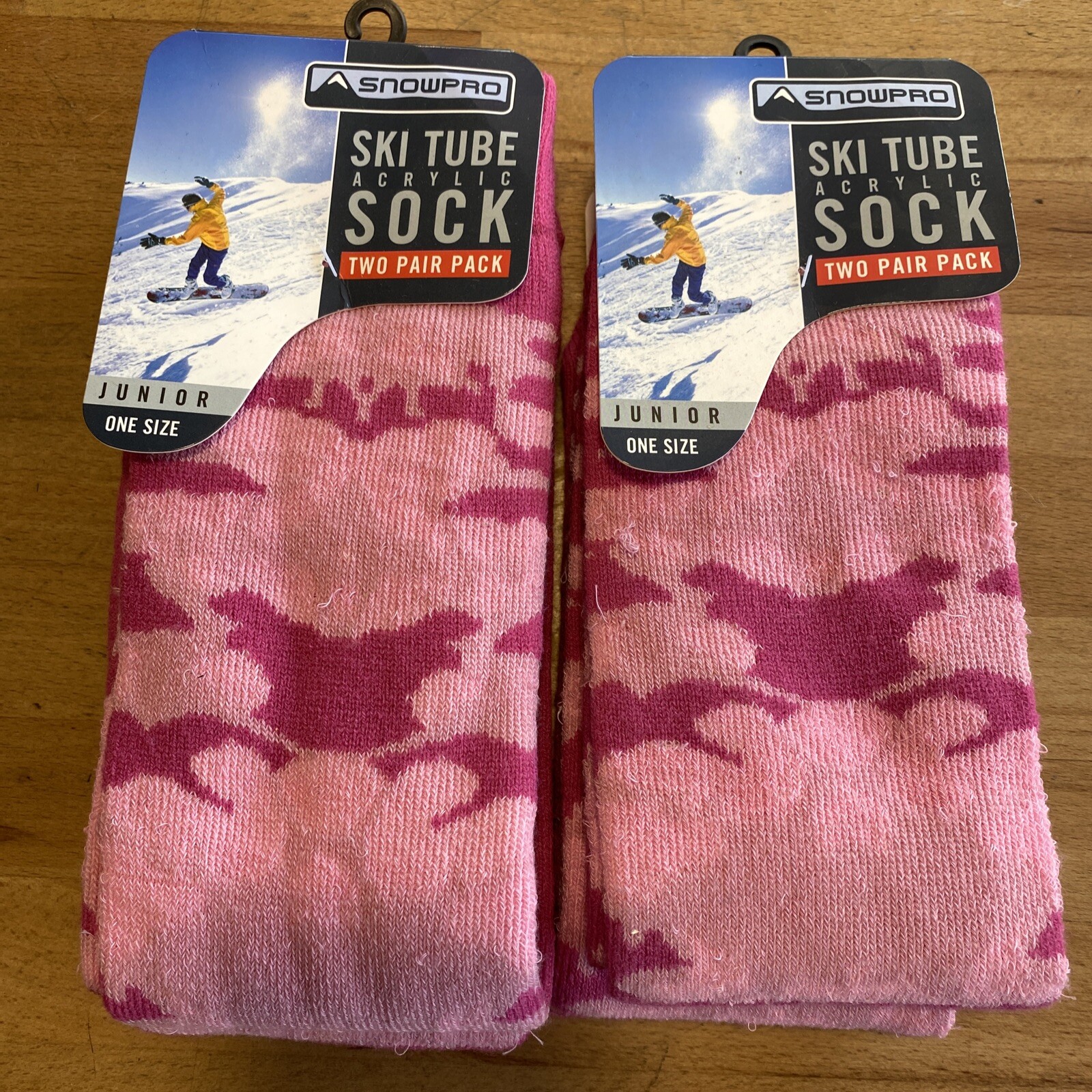 Junior Ski Socks Two Twin Pks Pink Camo Tube socks Size 12 to 5 UK (4 pairs)