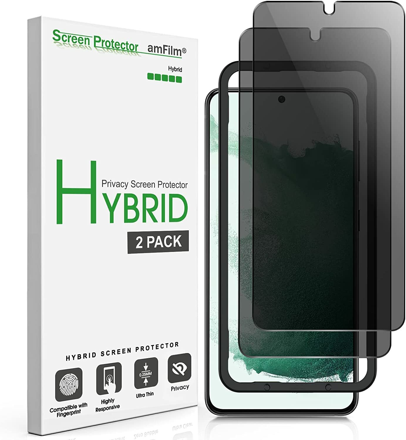(2 Pack) amFilm Samsung Galaxy S22 Plus 5G Privacy Screen Protector