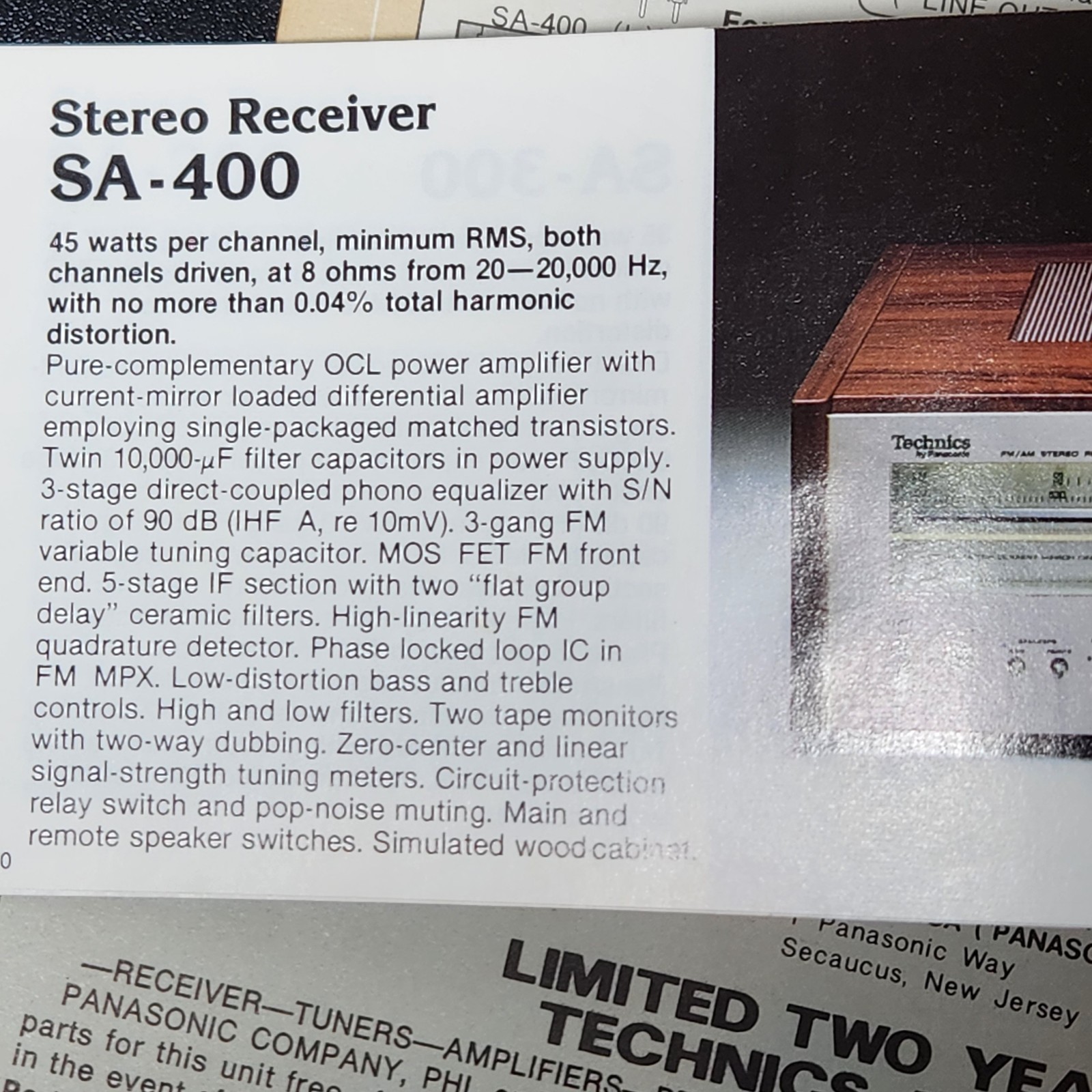 Technics By Panasonic SA 400 Receiver Operating Instructions + New Model Booklet