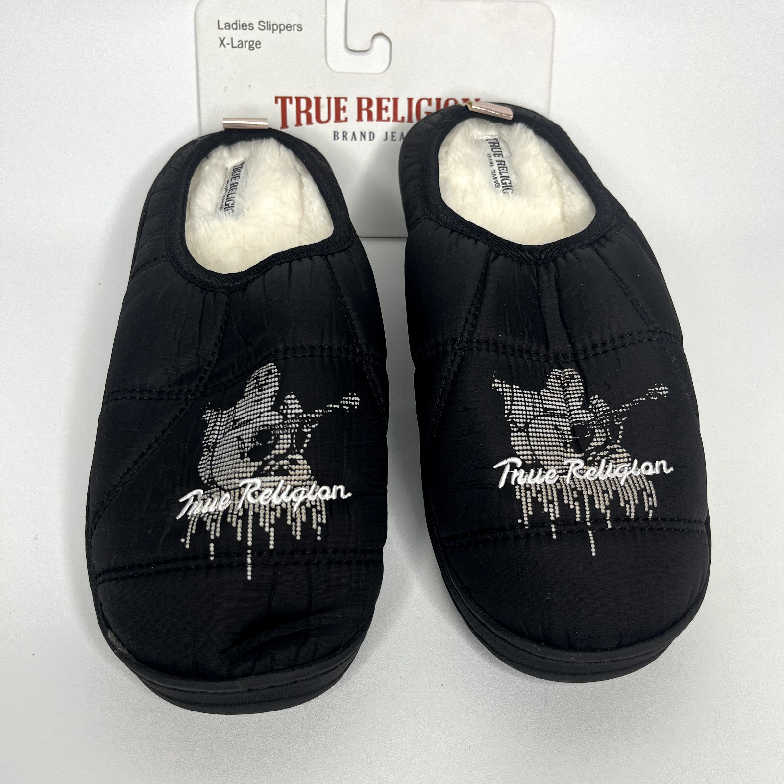 True Religion Brand Jeans Ladies Slippers Sz XL Buddha Logo Black Soft New