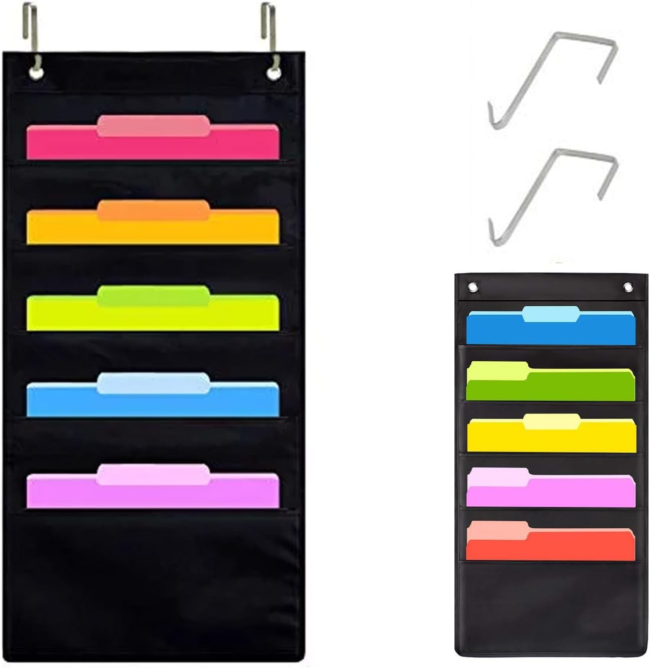 Hanging Wall File Organizer, 5 Pocket, Black Wall Storage Pocket Charts with 2 H