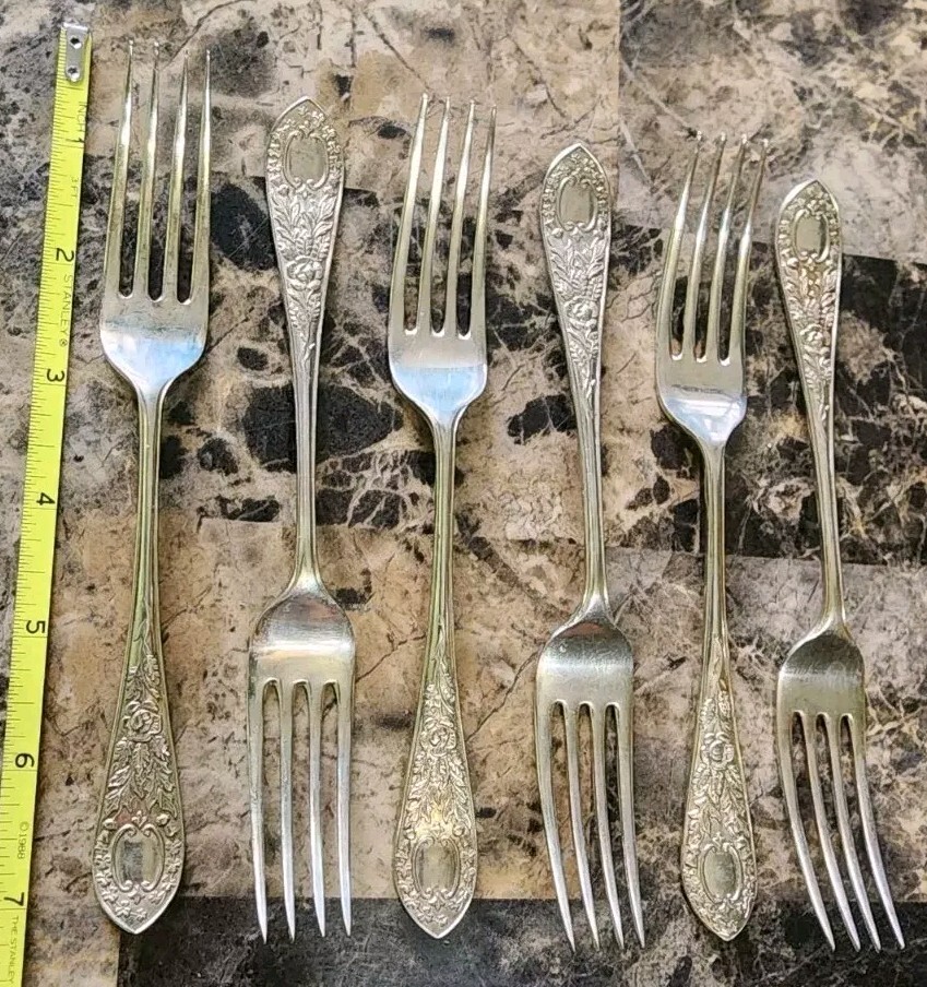 LOT OF 6 J H POTTER SILVA SHEFFIELD EMBOSSED ORNATE PLACE - LUNCHEON FORKS 🍴 😀