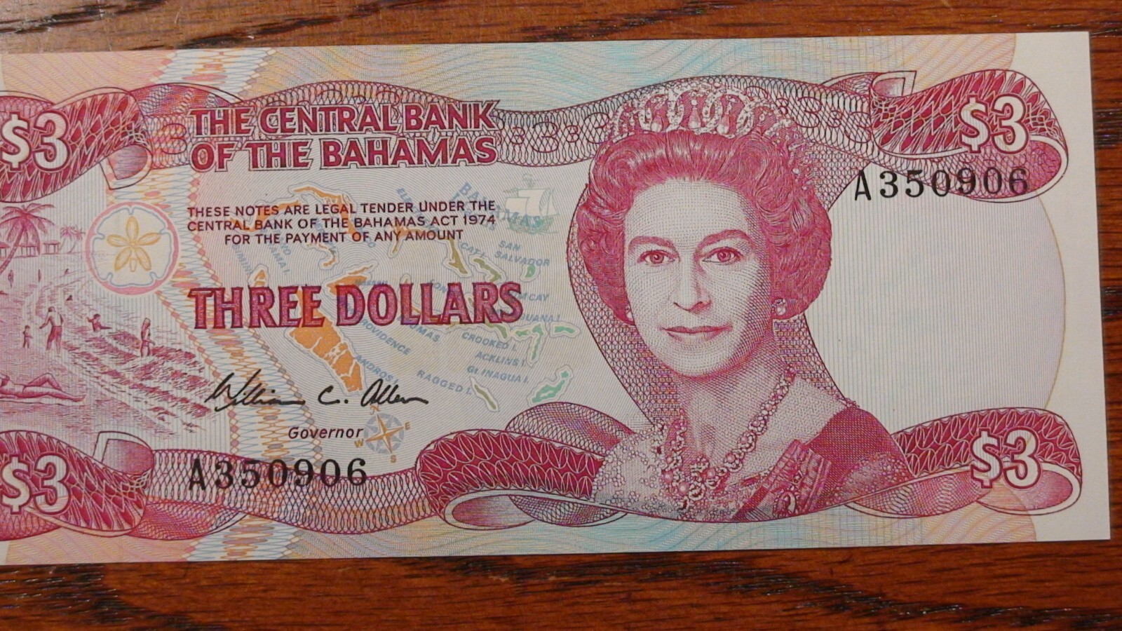 1984 BAHAMAS MONETARY AUTHORITY Three Dollar Note UNCIRCULATED $3 Bill!