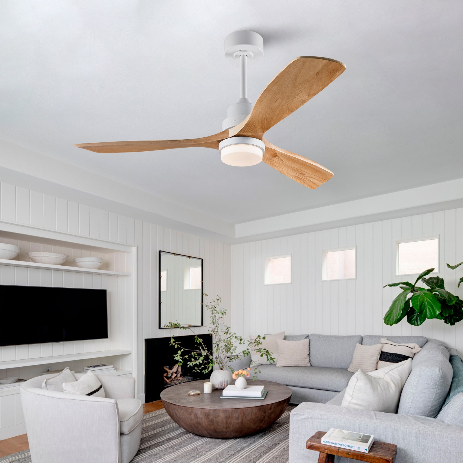 Hot sales 52 Inch Modern  Ceiling Fan With 3 Color Dimmable 3 Solide Wood Blades