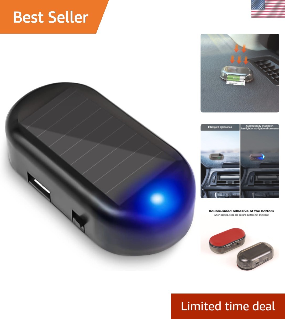 Universal Car Security Flashing LED Light with USB Charger & Solar Power - Blue