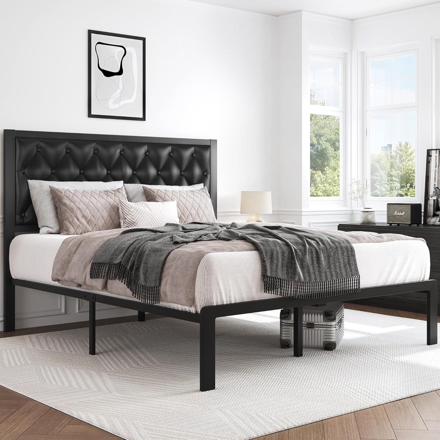 Queen Bed Frame Upholstered Button Tufted Headboard Platform Metal Slats Support
