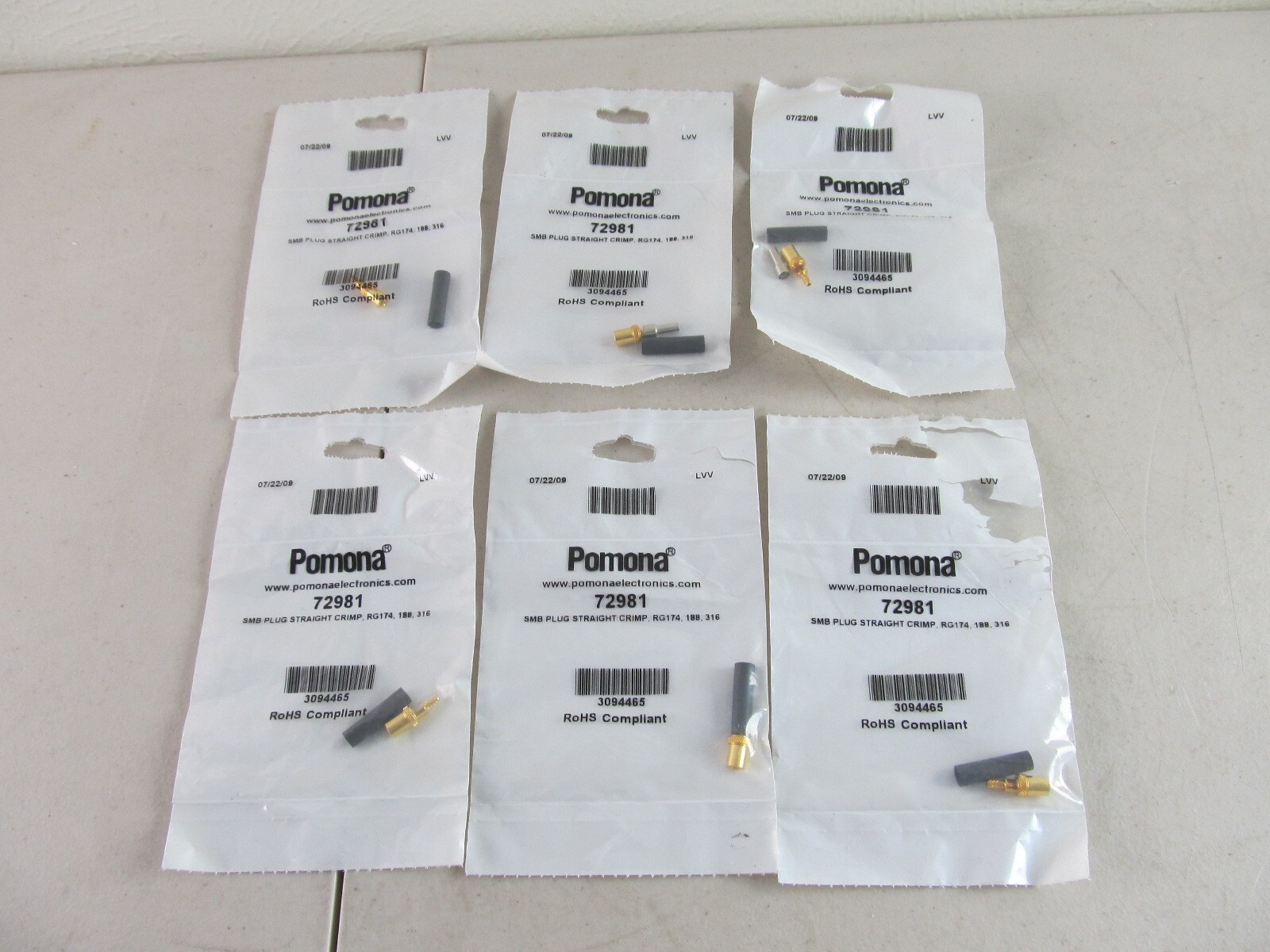 QTY=6 NEW Pomona 72981 SMB Plug Straight Crimp RG174 188 316