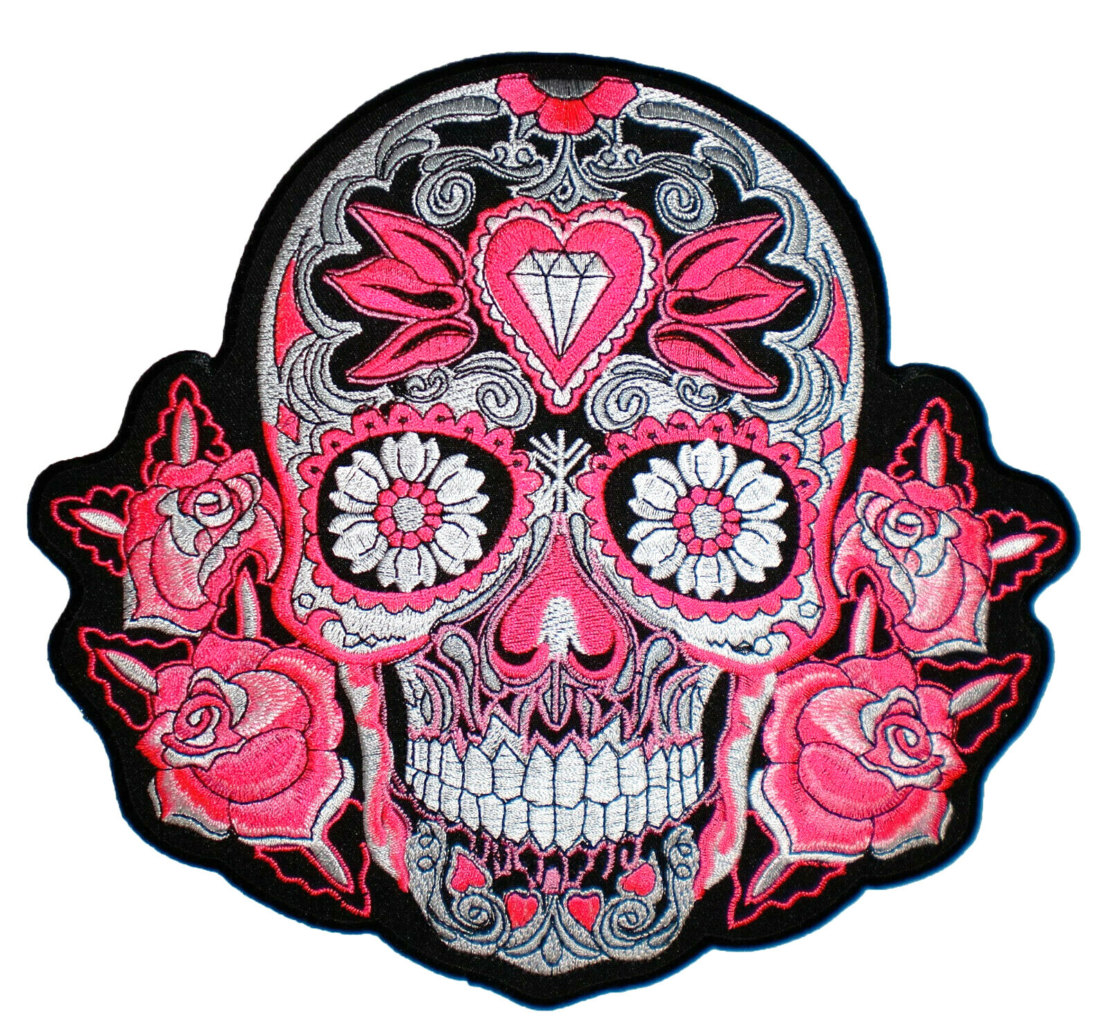 9" Sugar Skull Day of Dead Art Diamond Roses Jacket Vest Biker Back Patch Rider