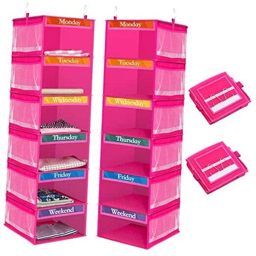 2 Pack 6 Shelf Weekly Clothes Organizer for Kids with Side Pocket, 47 Rose Red