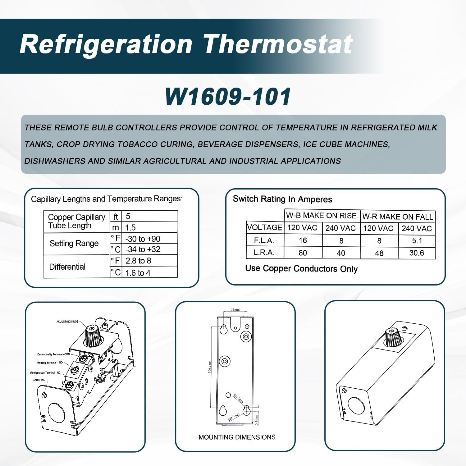 Manual Thermostat Temperature Controller with 5 Ft Capillary