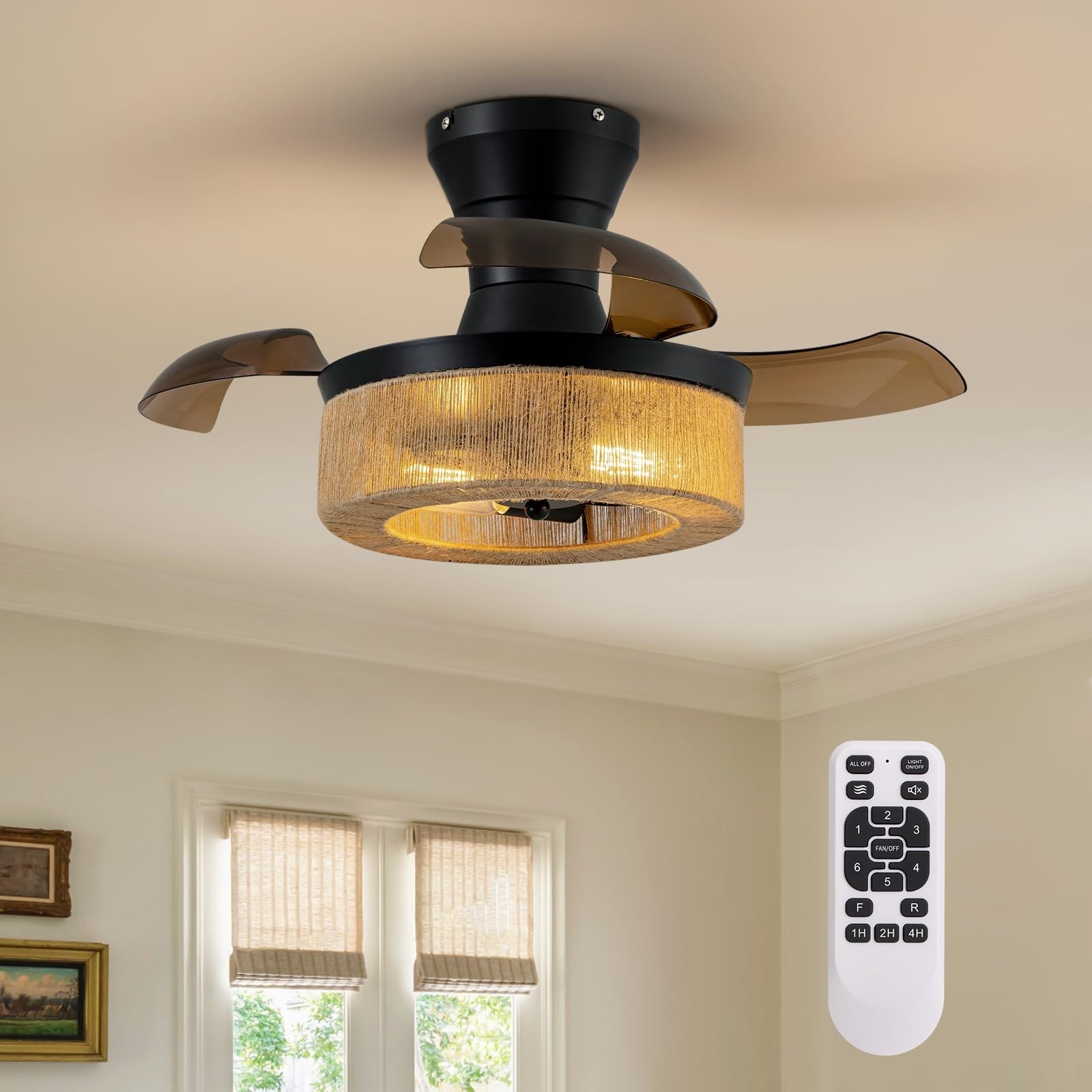 Spacora 28'' Retractable Ceiling Fan Lights, Flush Mount Small Caged Profile
