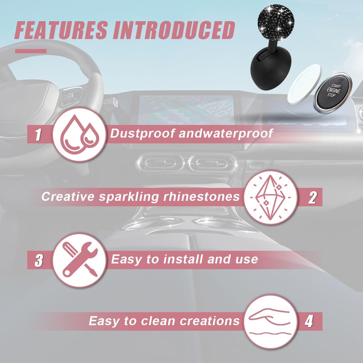 Car Push Start Button Cover, Rhinestone Engine Stop Black