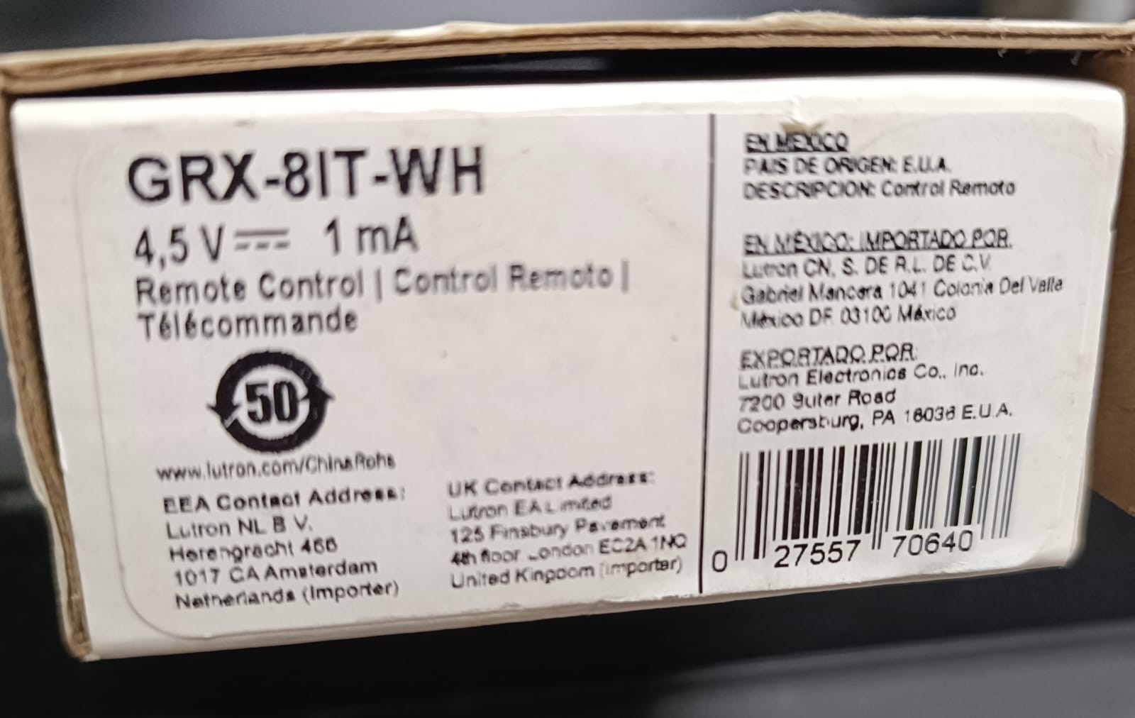 LUTRON GRX-8IT-WH REMOTE CONTROL 4.5V