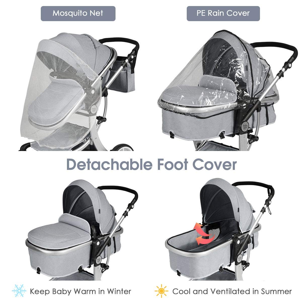 Convertible Baby Stroller with Adjustable Canopy & Storage - Gray