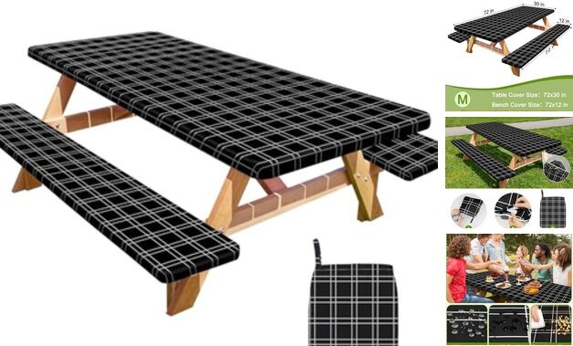 Picnic Table Cover with Bench Covers Portable Table Cloth Built 72x30in Black