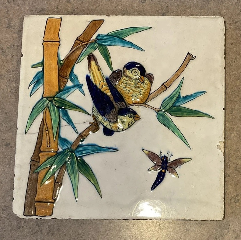 ZSOLNAY STYLE :: Vtg 8” SQUARE “Bird Among Bamboo” TILE Raised Relief Salvage