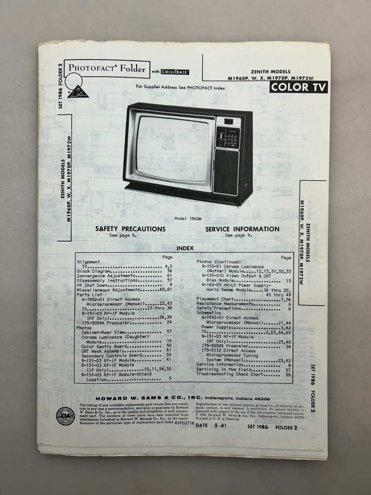 Zenith M1960 M1970 M1972 Service Manual Sams Photofact Free Shipping