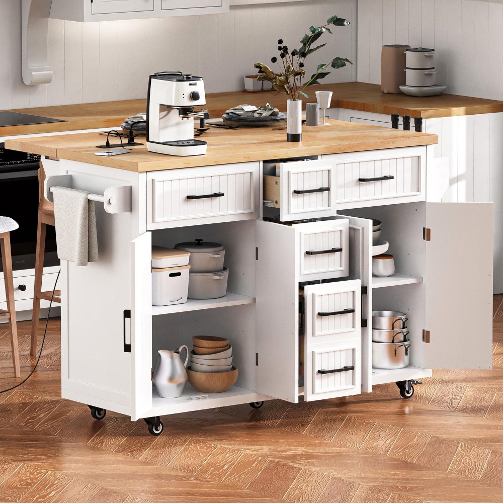 Rolling Kitchen Island Cart on Wheels w/ Drop Leaf Power Outlet Drawers Shelves