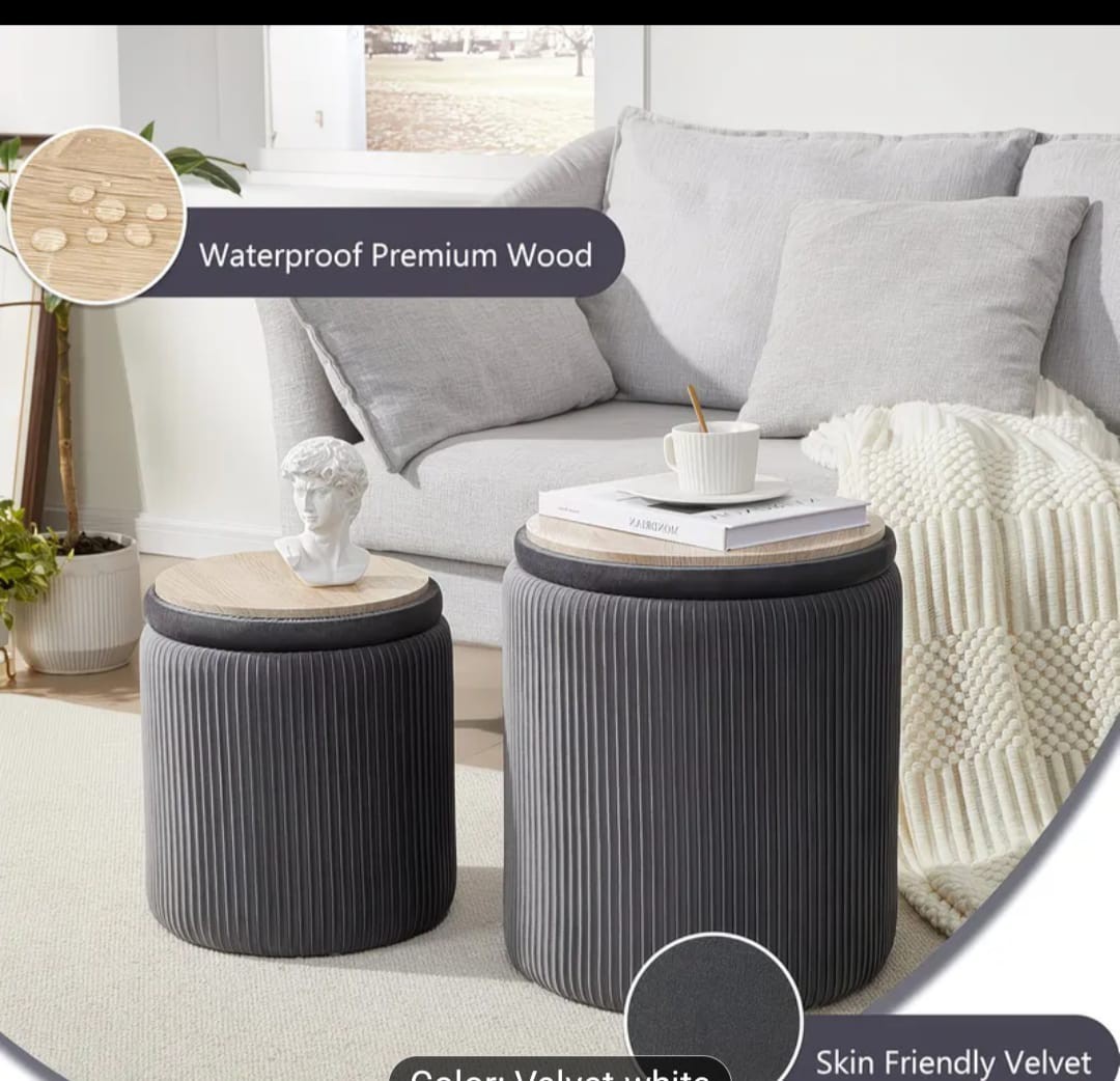 Round Modern Ottoman With Storage Of 2 Multifunctional Grey & Crease Lines