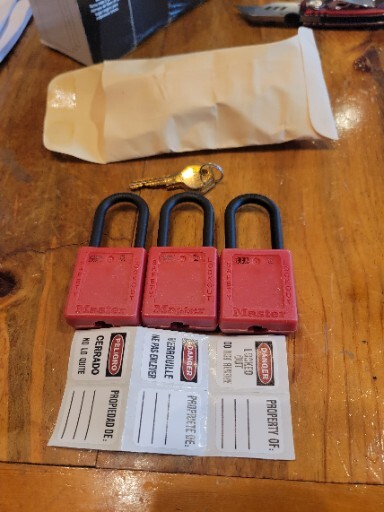 3pk Master Lock 406Kas3red Lockout lock, Ka, Red, 1-3/4"H, Pk3, Key Type: Alike