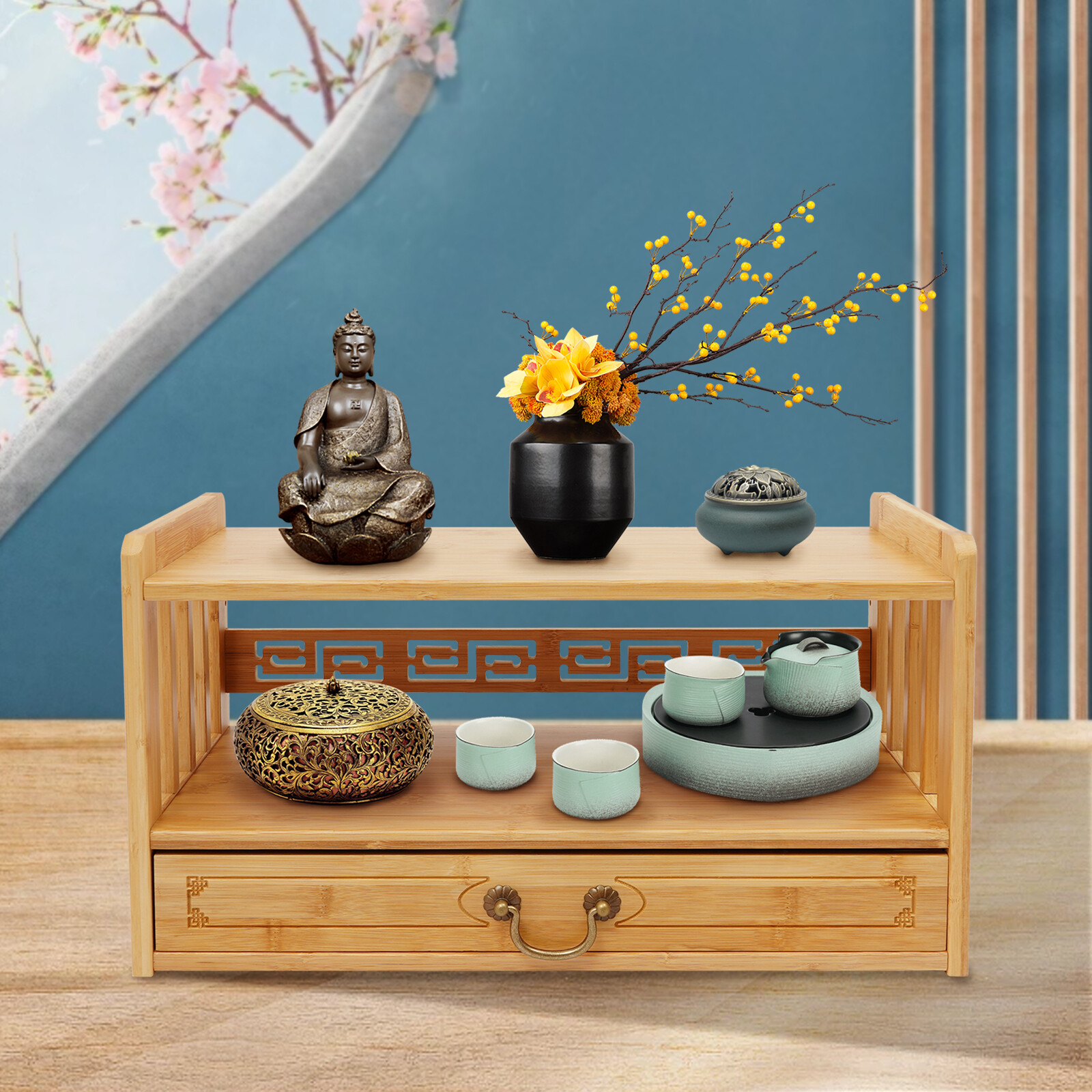 Meditation Storage Table with Drawer, Bamboo Desktop Organizer Chinese Style