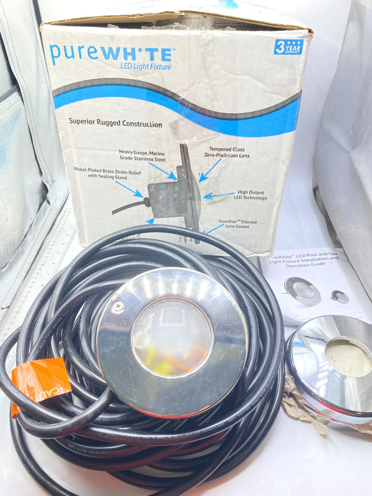 J&J Pure White Spa LED In Ground Light Fixture 12V 100' Cord LPL-S1W-12-100-P