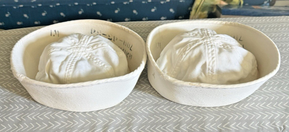 Vintage US Navy Dixie Cup Sailor Hat White Cotton  7" across 1965-68 LOT OF 2