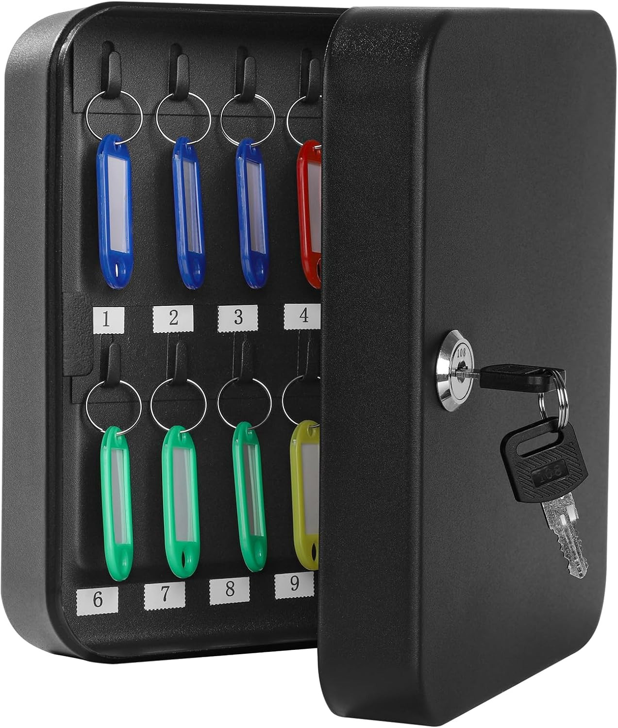 Key Cabinet Wall Mount Locking Key Box Organizer 20 Hooks with Key Tags Black