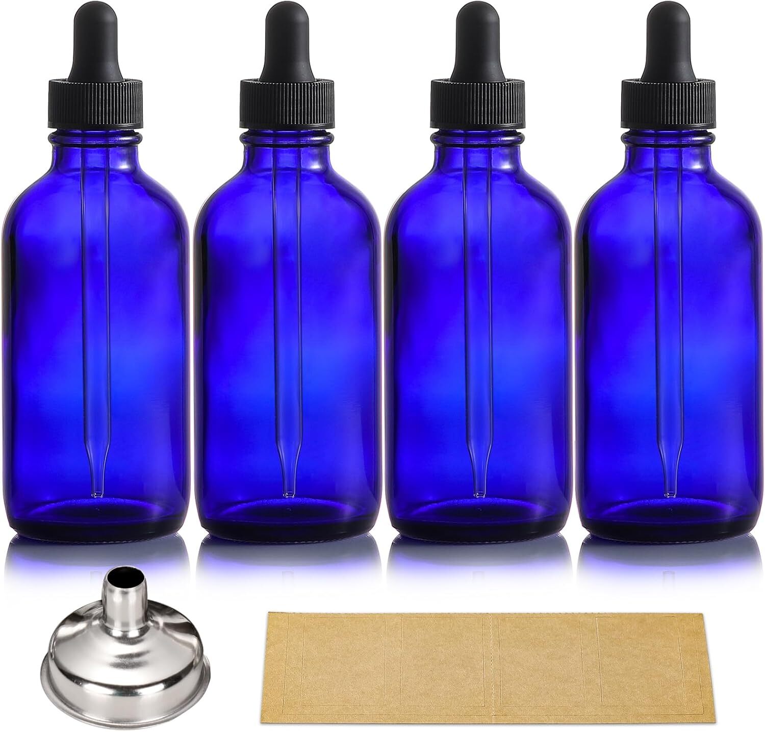 AOZITA 4 Pack, 4oz Blue Glass Dropper Bottles with 1 Funnel & 4 Lables -