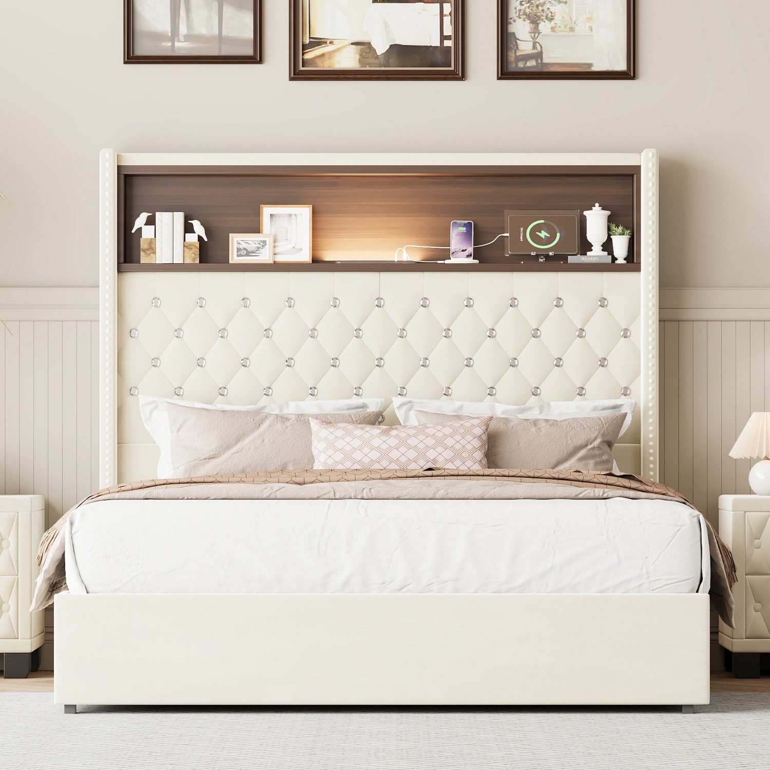 Full Size Velvet Bed Frame w/ Tufted Storage Headboard & Night Light & USB Ports
