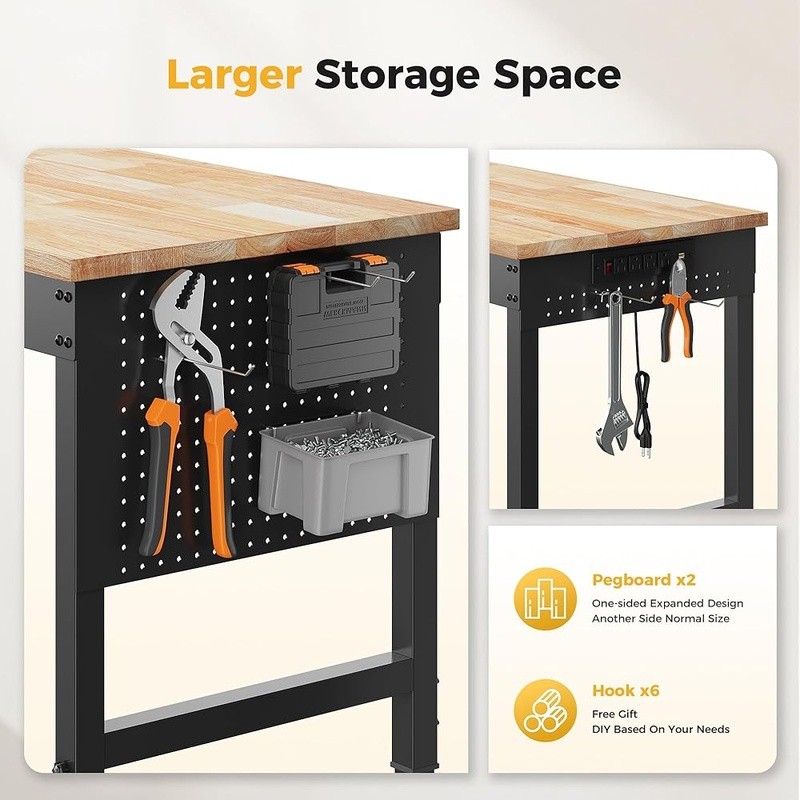 Adjustable Workbench W/ Power Strip Pegboard Hooks Heavy Duty 2000lb Capacity US
