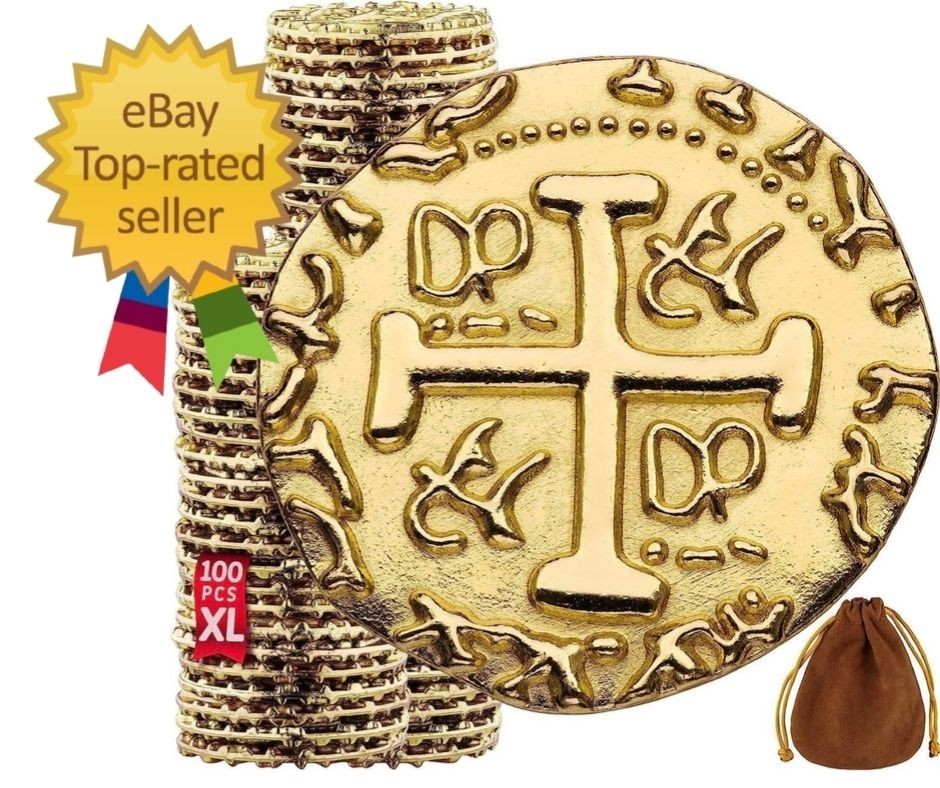 Large Metal Pirate Coins - 100 Genuine Gold Doubloons for Costumes & Halloween
