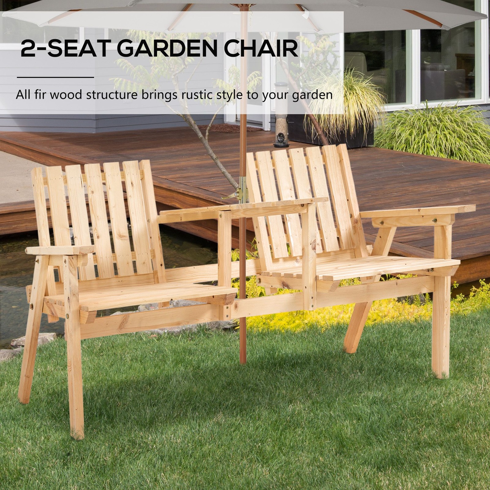 Natural Fir Patio Loveseat with Slatted Seating & 1.75" Umbrella Hole