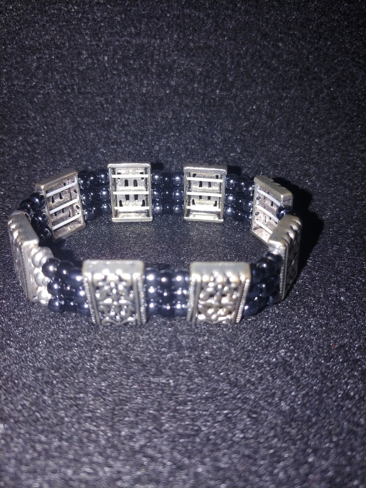 Navy blue and silver stretchy bracelet - handmade - approx. 6 in