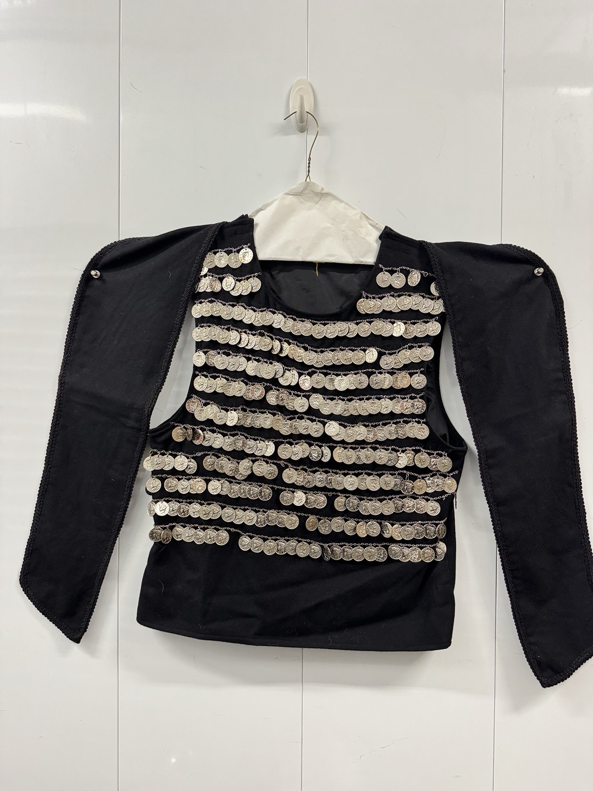 Vintage Greek Folk Dance Vest with Coin & Chain Ornament – Black Fabric