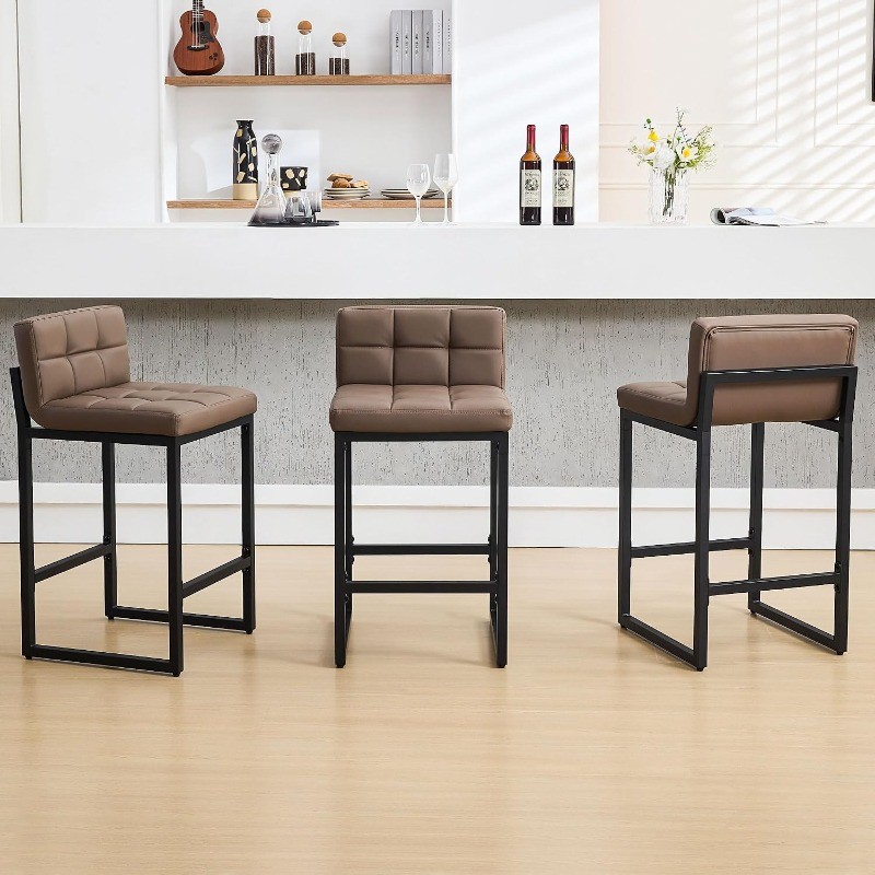 Set of 3 Upholstered PU Leather Counter Height Barstools with Low Back