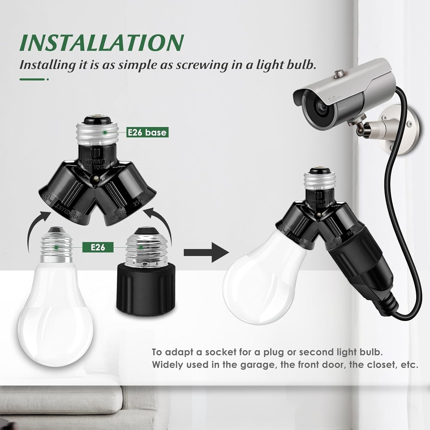 Double Light Socket Adapter, Dual Light Bulb Splitter Twin Bulb Holder Converter