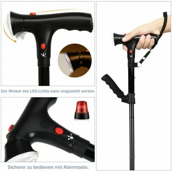 Adjustable Height Cane With LED Light Alert Button Walking Stick - Free Ship US