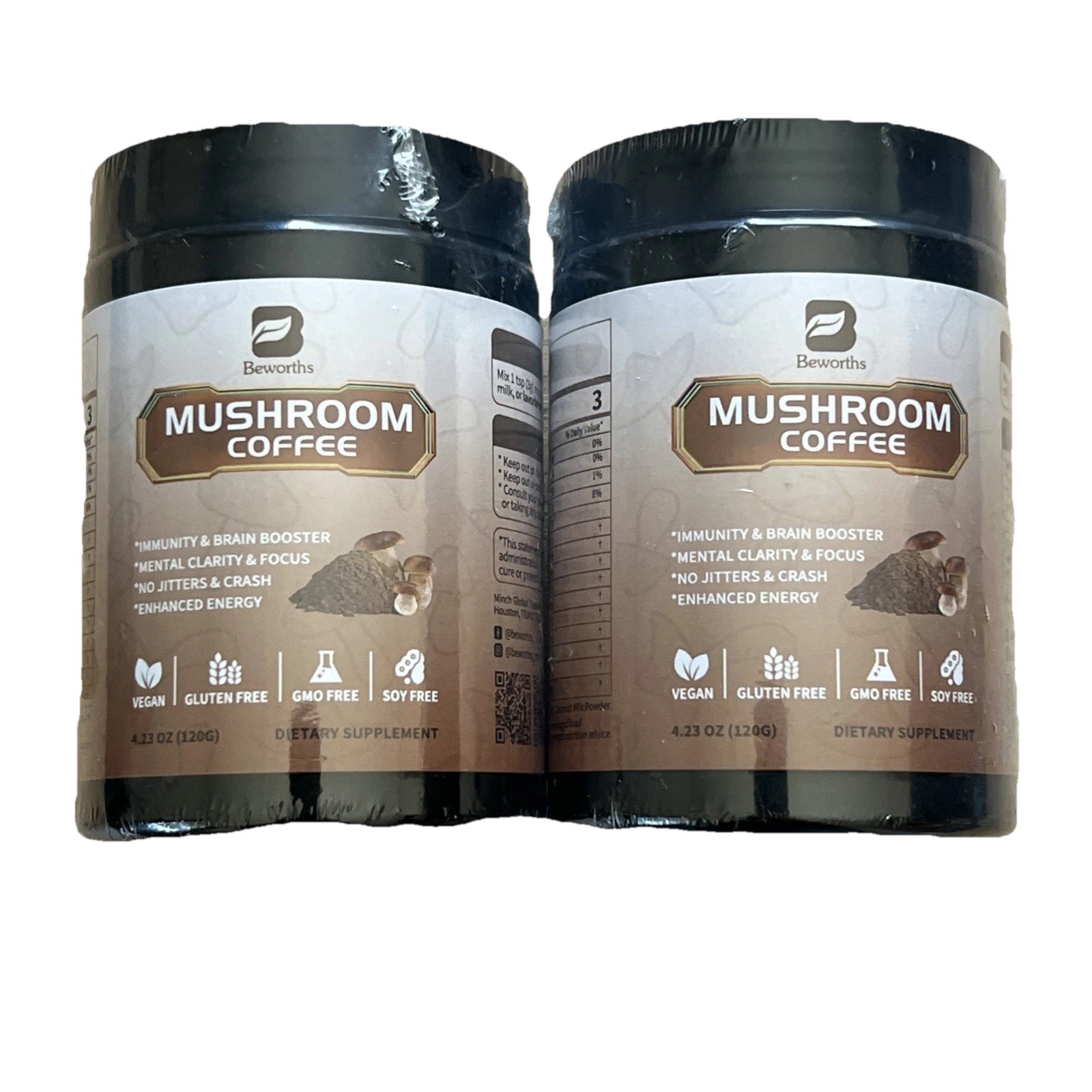 Organic Lion's Mane Mushroom Coffee Powder Reishi Boost Brain- Beworths (2 pack)