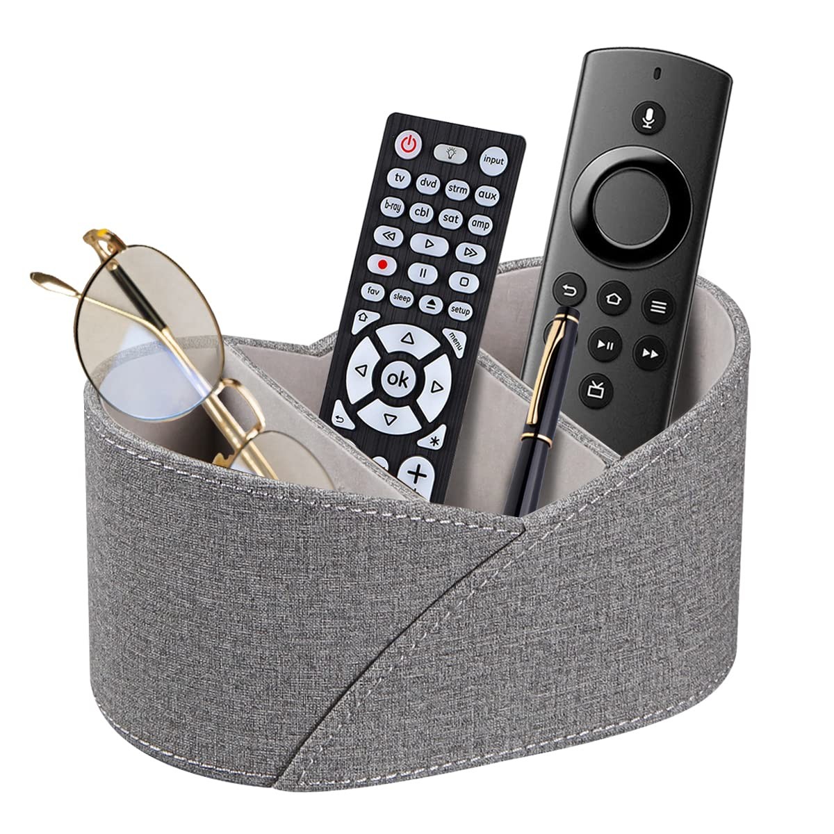 Grey PU Leather TV Remote Control Holder Desk Nightstand Caddy 3 Compartments