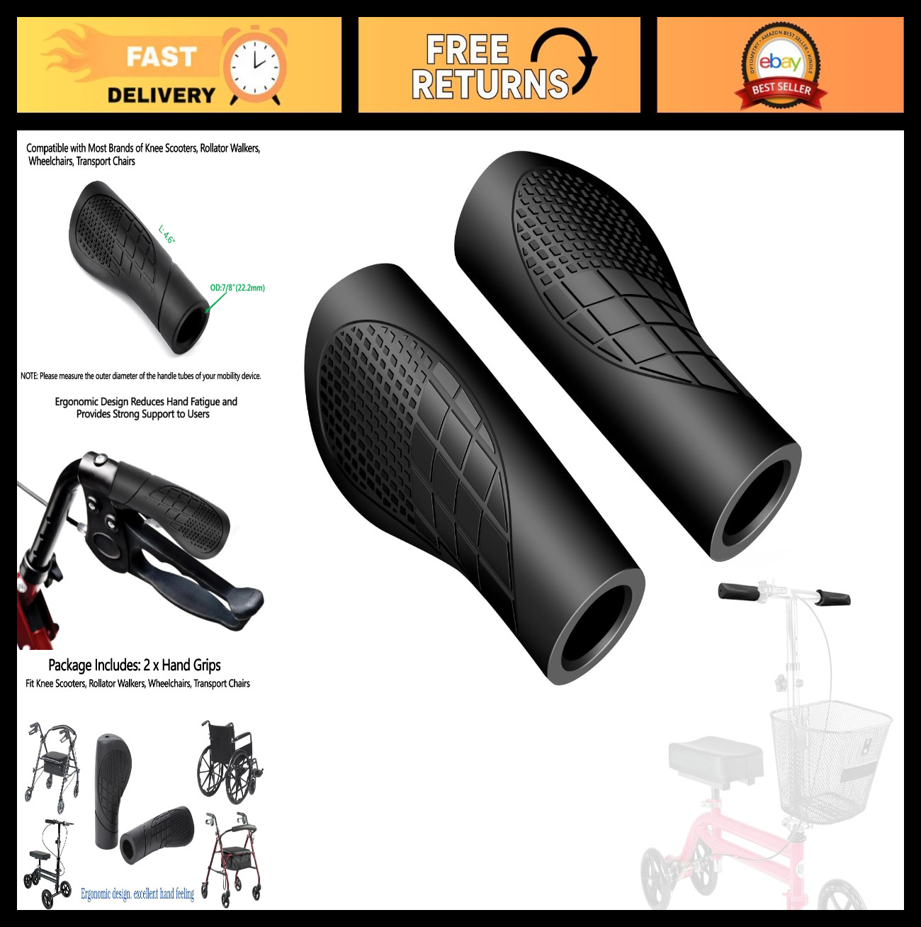 Knee Scooter Hand Grips - 2 Pcs Ergonomic Replacement Accessories for Scooters,