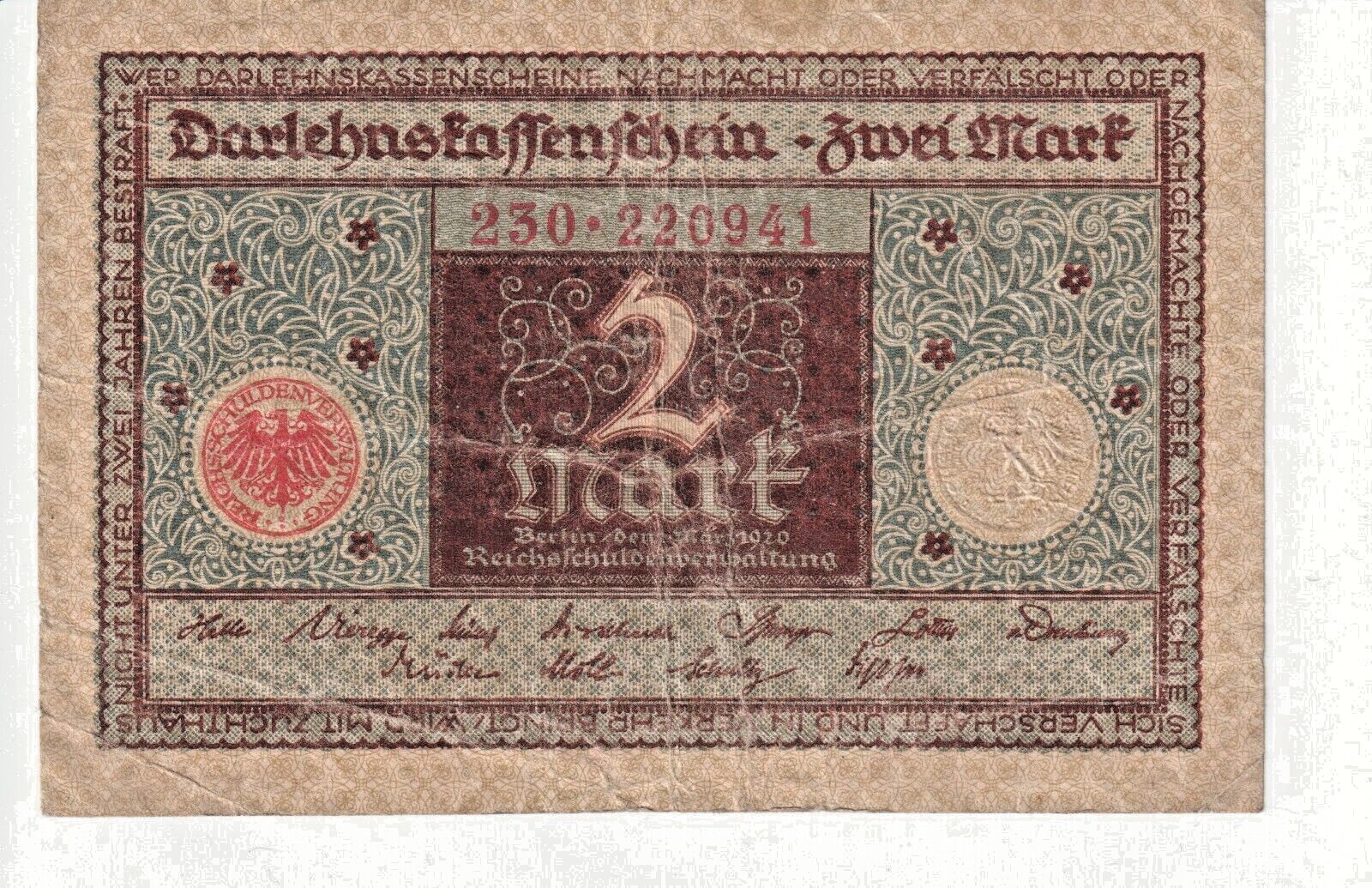 1920 Germany 2 Mark Banknote  P# 60 - VG - # 23492