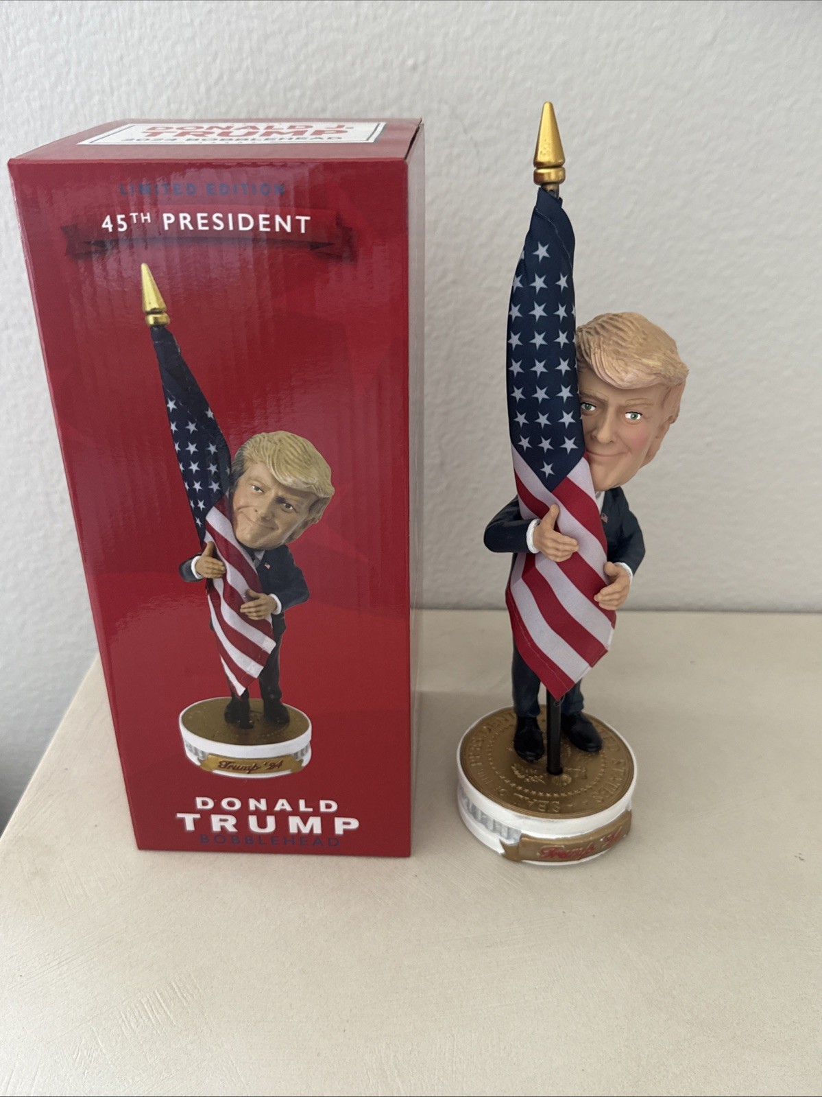 45th & 47th President Donald Trump 2024 Bobblehead Hugging American Flag
