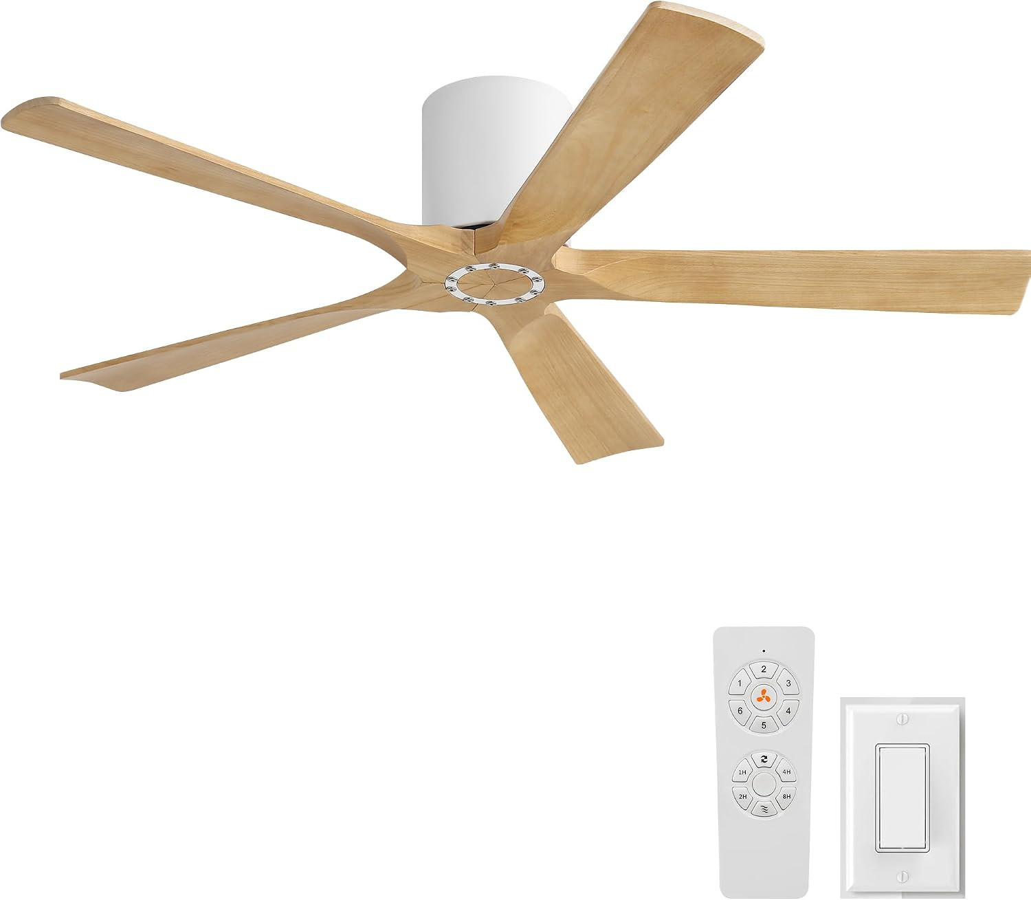 52 Inch Flush Mount Ceiling Fan No Light - 5 Solid Wood Blades, 6-Speed Reversib