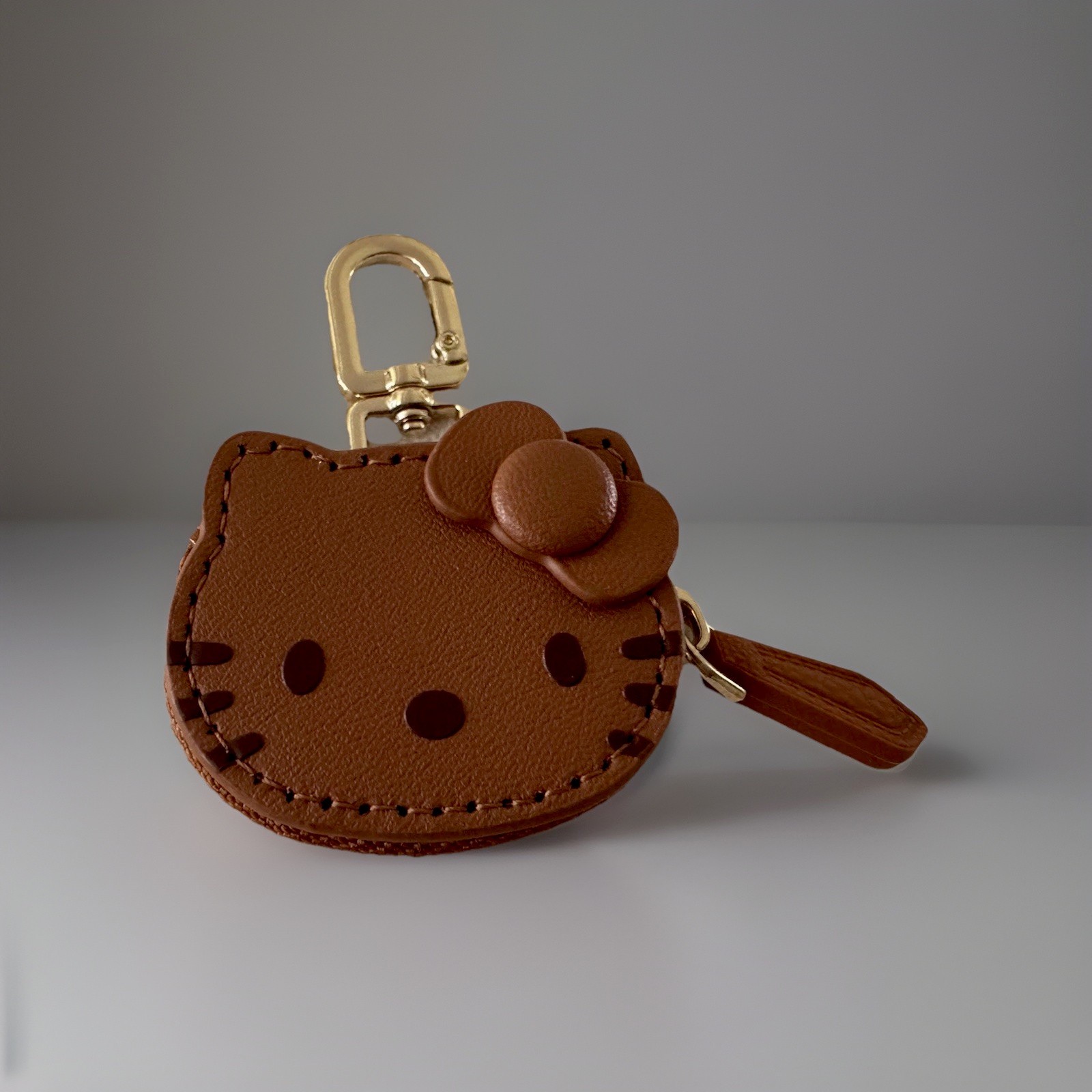 Cute New Brown Leather Hello Kitty Coin Purse AirTag AirPod Holder Bag Charm